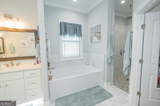 bathroom featuring separate shower and tub, vanity, and ornamental molding