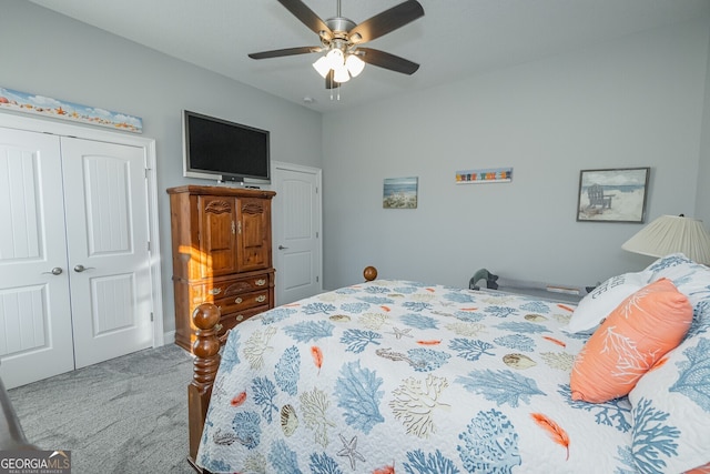 bedroom with carpet floors, a closet, and ceiling fan