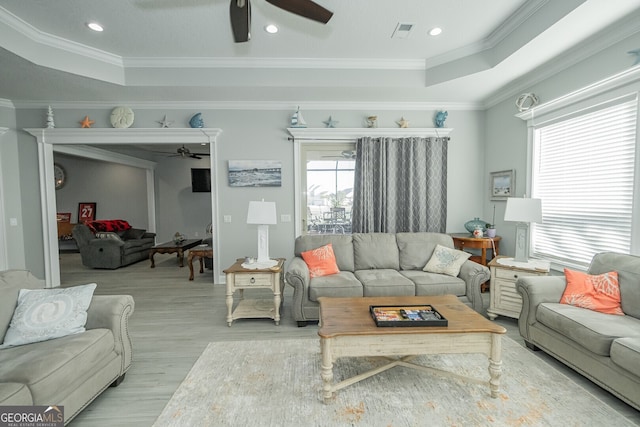 living room featuring a tray ceiling, light hardwood / wood-style flooring, and ornamental molding