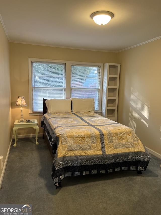 carpeted bedroom with crown molding