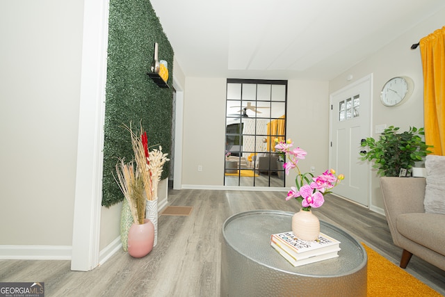 foyer with hardwood / wood-style flooring and ceiling fan