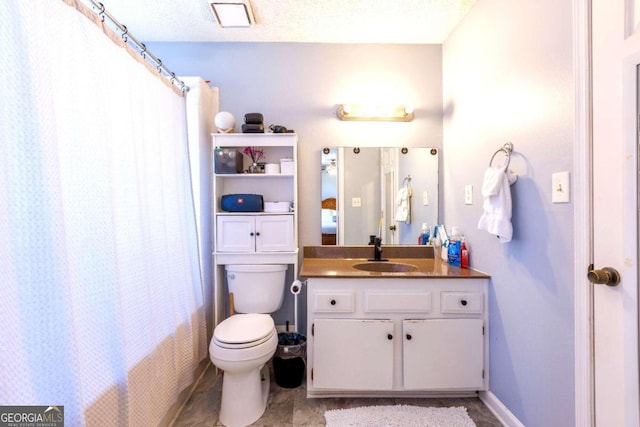 full bathroom featuring tile patterned flooring, a textured ceiling, toilet, vanity, and shower / tub combo