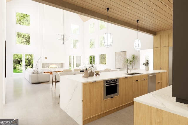 kitchen featuring decorative light fixtures, a healthy amount of sunlight, sink, and stainless steel appliances