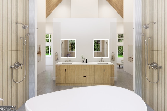 bathroom with a wealth of natural light, plus walk in shower, and high vaulted ceiling