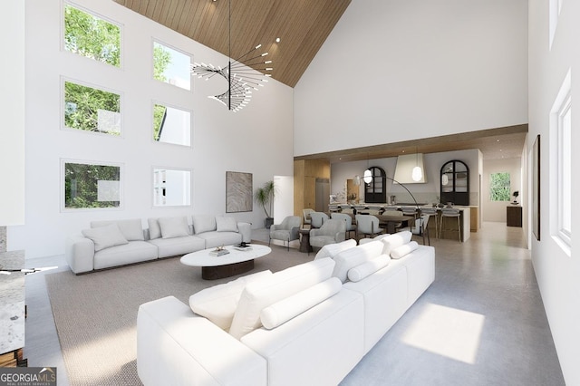 living area featuring wooden ceiling, a high ceiling, concrete flooring, and recessed lighting