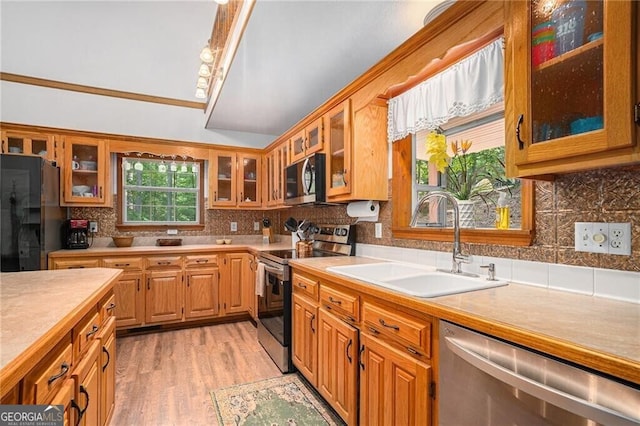 kitchen with crown molding, sink, decorative backsplash, light wood-type flooring, and appliances with stainless steel finishes