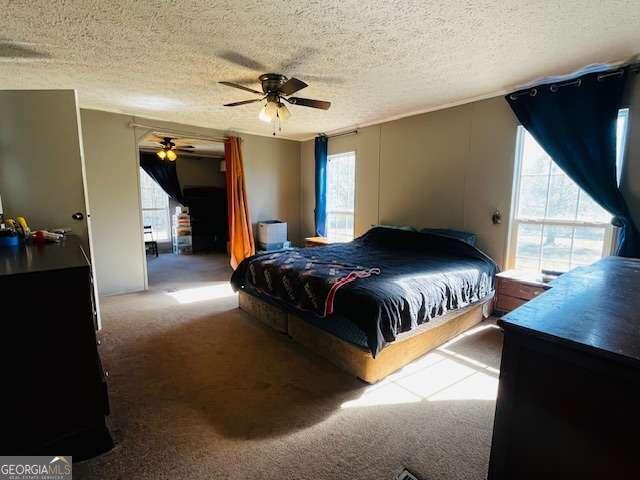 bedroom with multiple windows, ceiling fan, carpet, and a textured ceiling