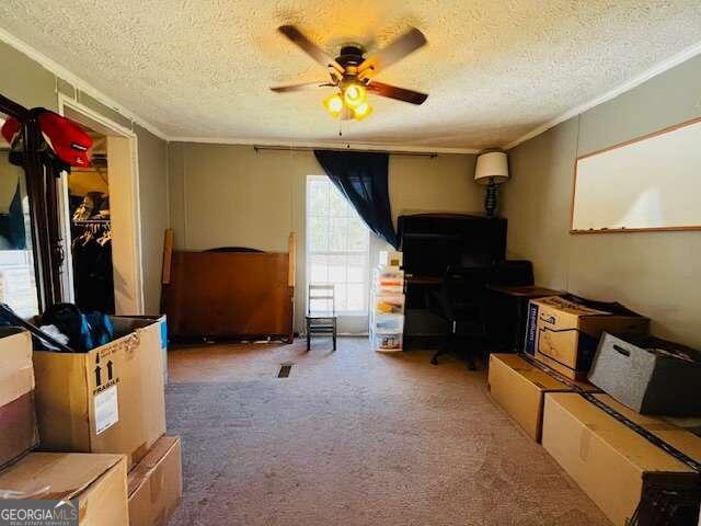 interior space featuring carpet, a textured ceiling, ceiling fan, and ornamental molding