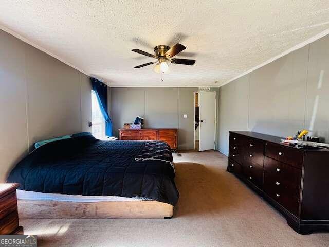 carpeted bedroom featuring ceiling fan, crown molding, and a textured ceiling