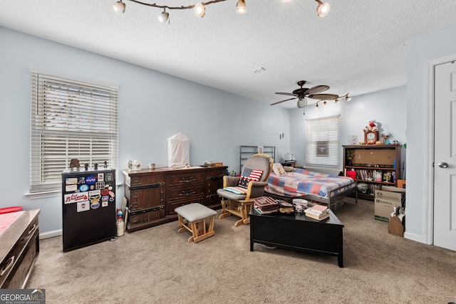 carpeted bedroom with a textured ceiling