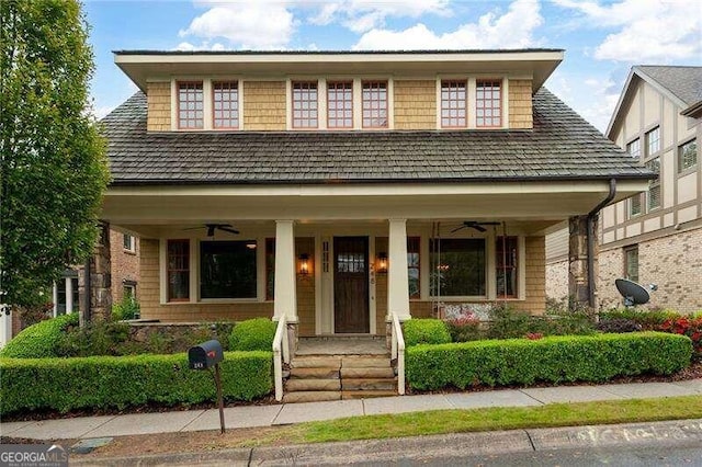 view of front of property featuring covered porch and ceiling fan