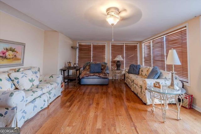 living room with ceiling fan and wood-type flooring