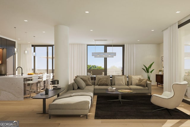 living room with sink, a wealth of natural light, floor to ceiling windows, and light wood-type flooring