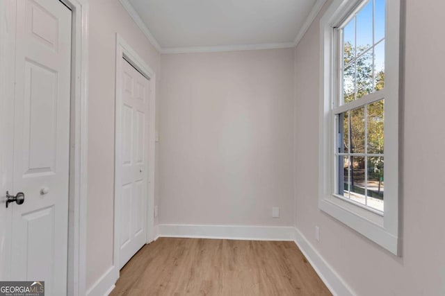 interior space with light wood-type flooring, ornamental molding, and multiple windows