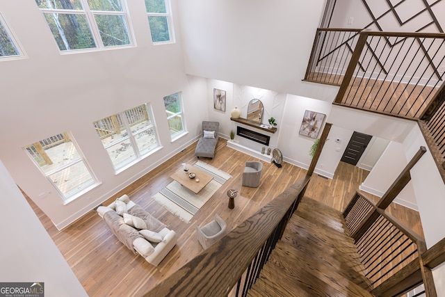 living room with hardwood / wood-style floors, plenty of natural light, and a towering ceiling