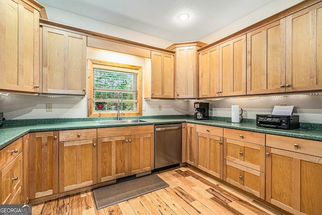 kitchen featuring dishwasher, light hardwood / wood-style floors, and sink