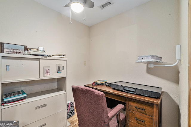 office area featuring ceiling fan and wood-type flooring