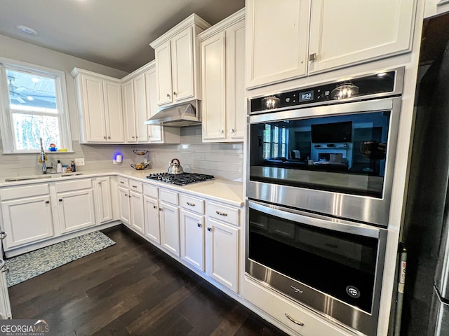 kitchen featuring sink, dark hardwood / wood-style floors, decorative backsplash, white cabinets, and appliances with stainless steel finishes