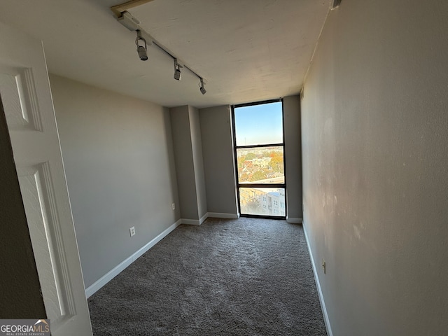 carpeted empty room featuring track lighting