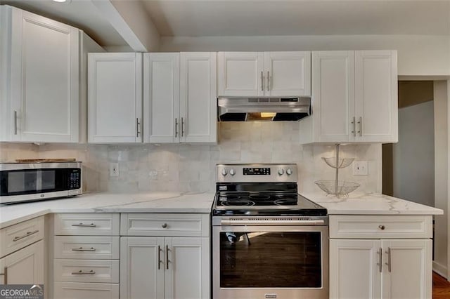 kitchen with backsplash, light stone counters, white cabinets, and appliances with stainless steel finishes