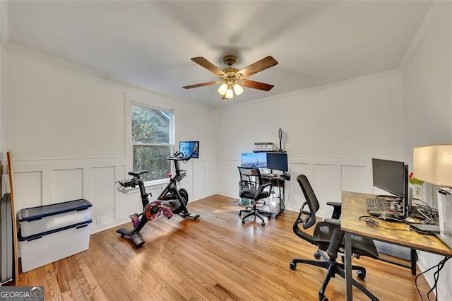 office space featuring ceiling fan, crown molding, and light hardwood / wood-style flooring