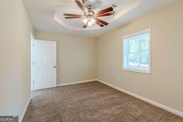 spare room with a raised ceiling, ceiling fan, and carpet flooring