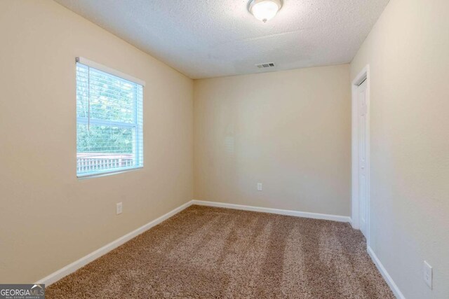 carpeted spare room with a textured ceiling