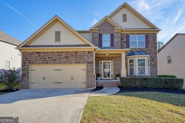 craftsman inspired home with a garage and a front lawn