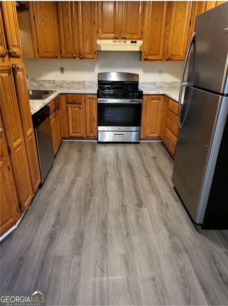 kitchen with wood-type flooring, stainless steel appliances, and sink