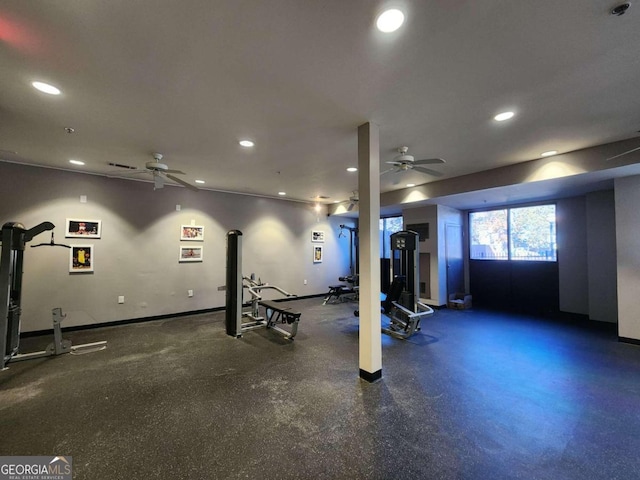 workout area with ceiling fan