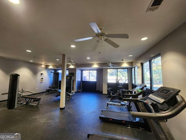 gym featuring ceiling fan