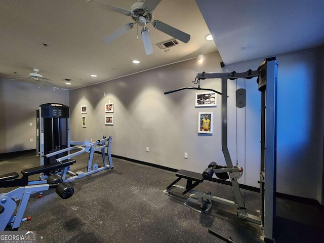 workout room with ceiling fan