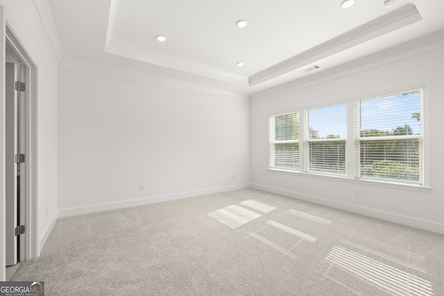 carpeted empty room with a raised ceiling and crown molding