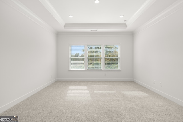 unfurnished room with a raised ceiling, ornamental molding, and light carpet