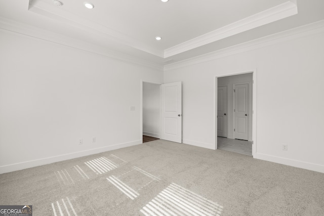 spare room with light carpet, a tray ceiling, and crown molding