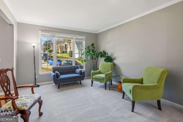 living area with light colored carpet and crown molding