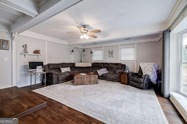 living room with hardwood / wood-style flooring, ceiling fan, and a textured ceiling