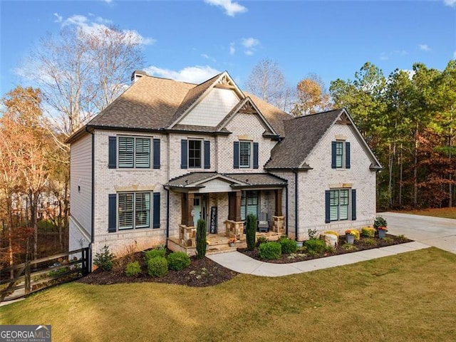 view of front of house with a porch and a front yard