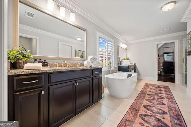 bathroom with tile patterned flooring, vanity, separate shower and tub, and ornamental molding