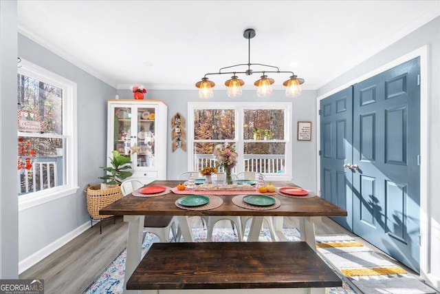 173 Mountainside Dr E, Dawsonville, GA 30534 - dining area featuring plenty of natural light, ornamental molding, light wood-style floors, and baseboards