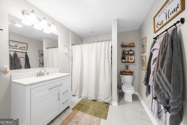 173 Mountainside Dr E, Dawsonville, GA 30534 - full bathroom featuring marble look tiles, toilet, vanity, and a shower with curtain
