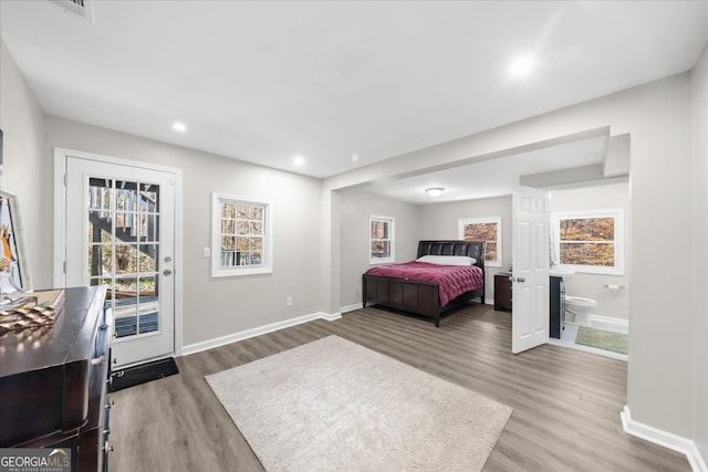 bedroom with access to outside, multiple windows, connected bathroom, and hardwood / wood-style floors