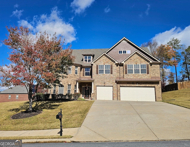 view of front of property with a front lawn and a garage