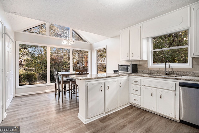 kitchen with appliances with stainless steel finishes, sink, white cabinets, plenty of natural light, and lofted ceiling