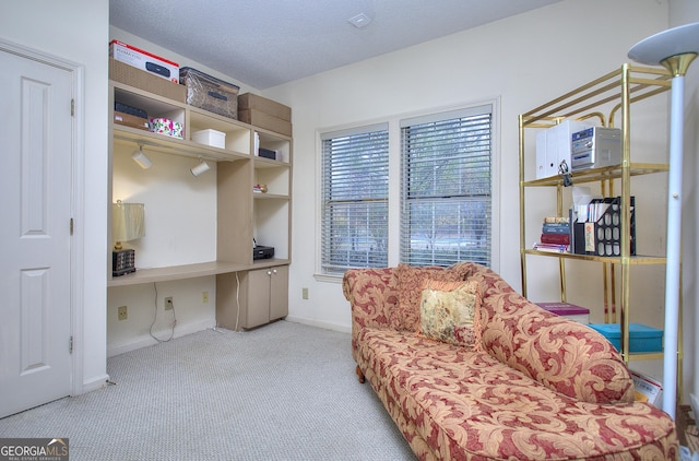 living area featuring a textured ceiling, carpet flooring, built in study area, and baseboards