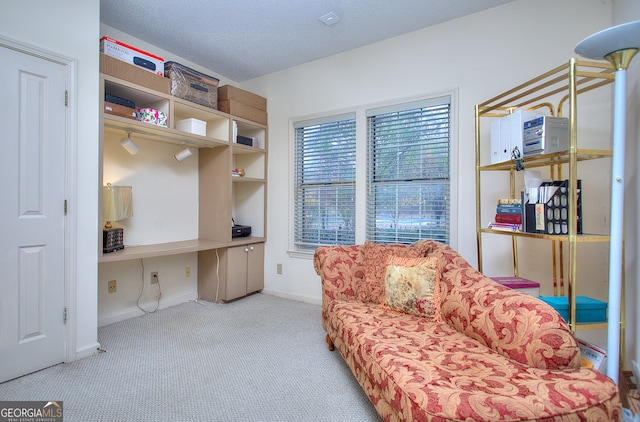 sitting room featuring light carpet, a textured ceiling, and built in desk