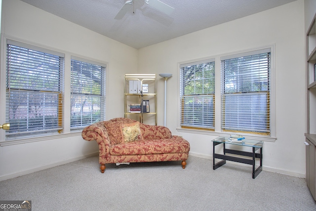 sitting room with carpet floors, a ceiling fan, baseboards, and a textured ceiling