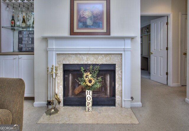 room details featuring carpet flooring, baseboards, and a premium fireplace