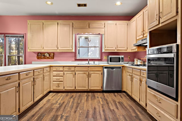 kitchen featuring dark hardwood / wood-style floors, light brown cabinets, sink, and appliances with stainless steel finishes