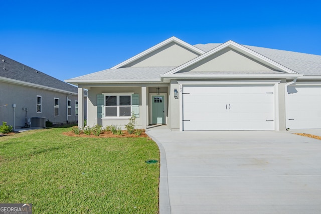 ranch-style house with a front yard, a garage, and central air condition unit